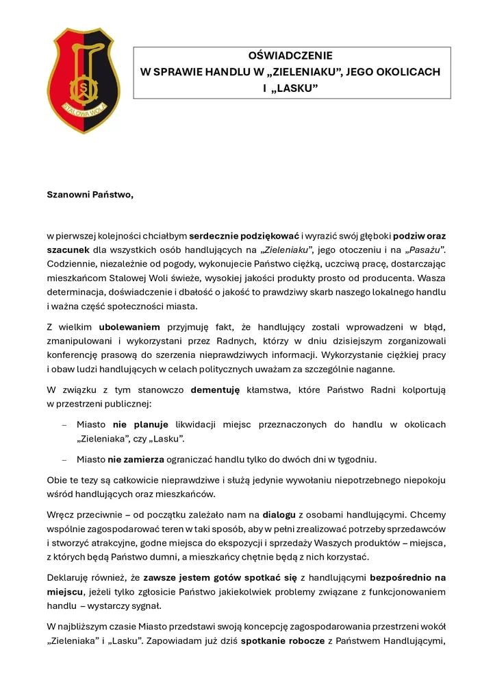 Miasto broni Zieleniaka i zapowiada rozmowy z handlującymi